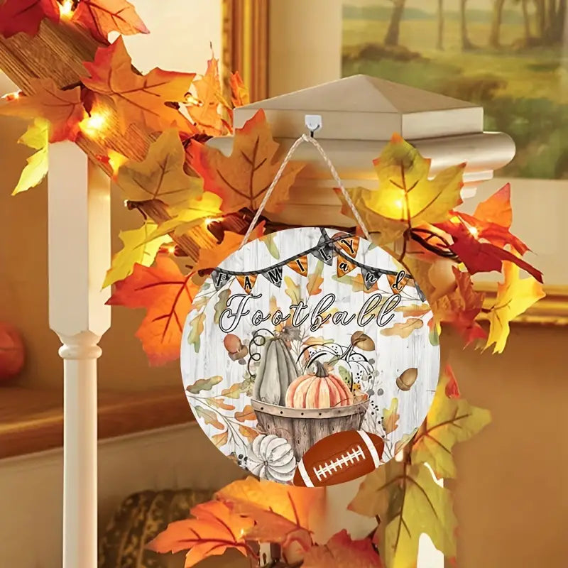 Fall Round Hanging Wood Sign Family & Football
