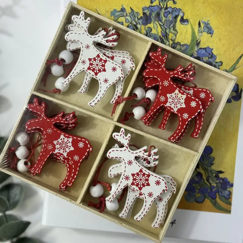 Elk Christmas Tree Ornaments Set 12 6 White & 6 Red