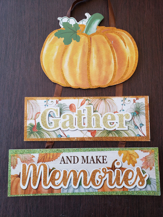 Thanksgiving Fall Hanging Wood Door Sign 16" x 13" Pumpkin Gather & Make Memories