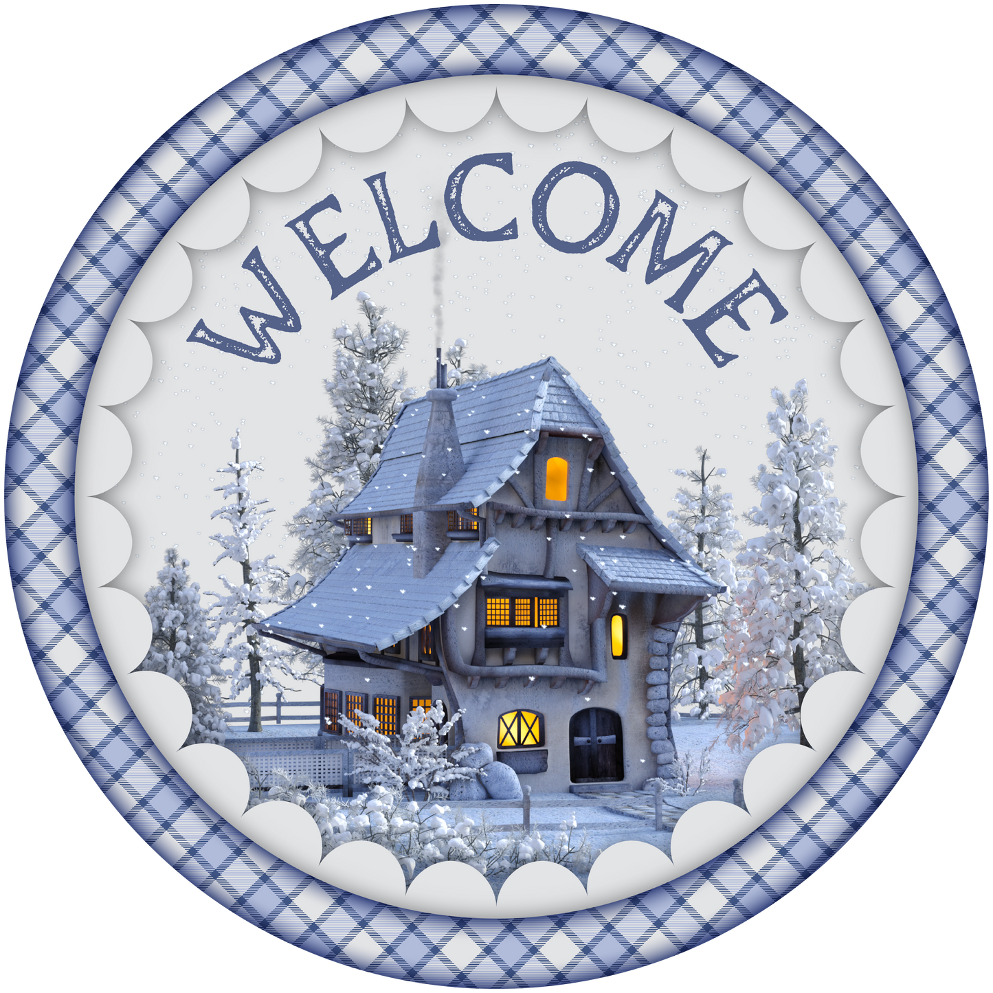 Hanging Winter Scene Round Welcome Sign 8"