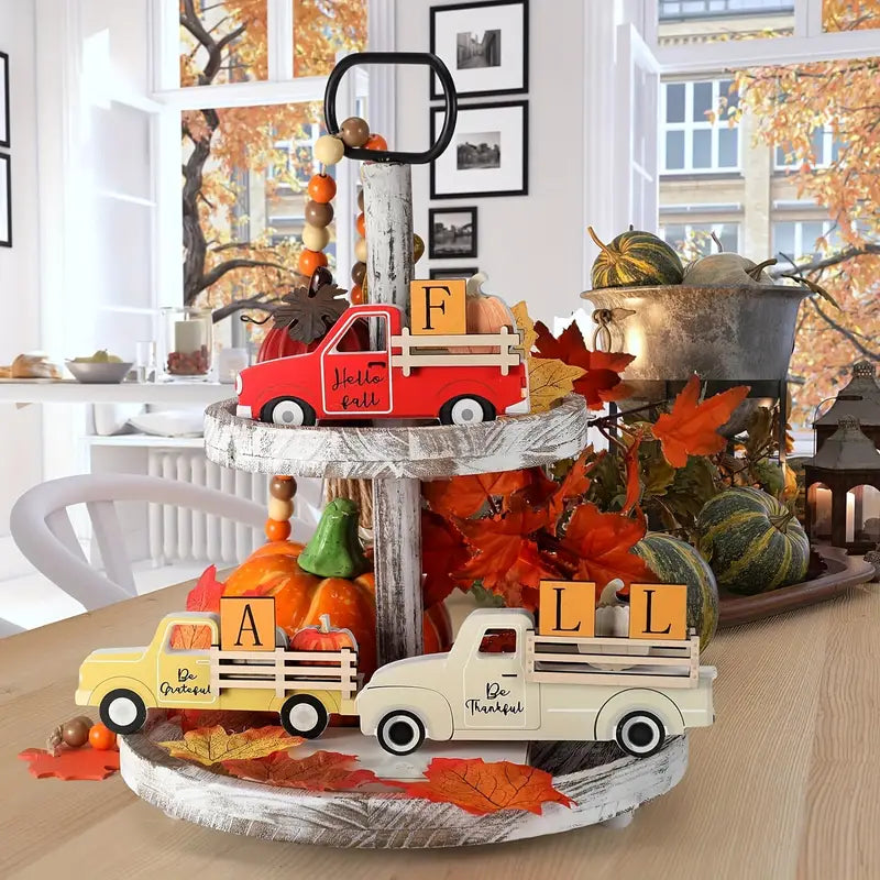 FALL THANKSGIVING 11 PC TIERED TABLETOP DECOR 3 7" FARM TRUCKS