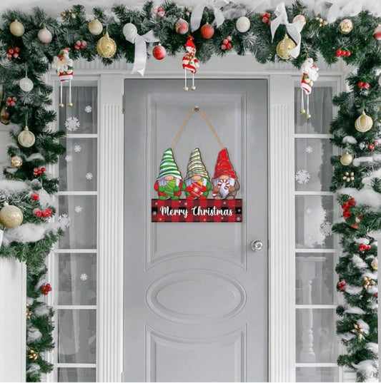 Gnomes Christmas Hanging Wooden Door Sign, Merry Christmas