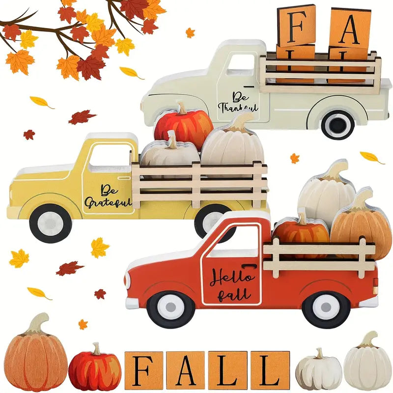 FALL THANKSGIVING 11 PC TIERED TABLETOP DECOR 3 7" FARM TRUCKS