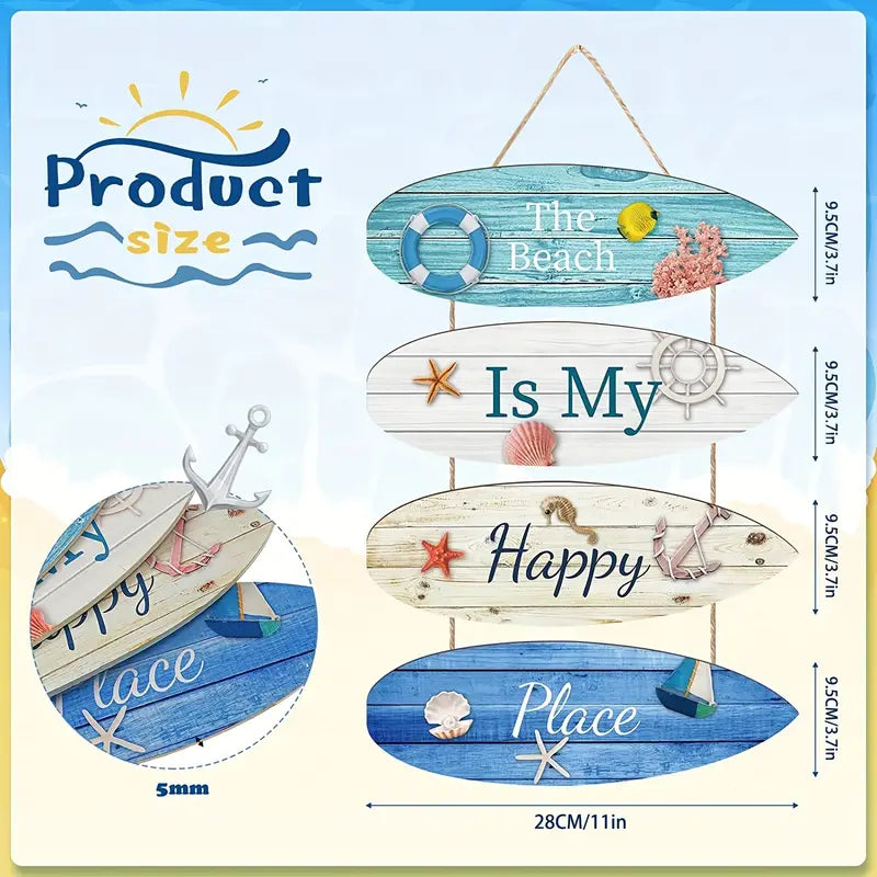 4 Pc Set Ocean Beach Coastal Wall Sign Decor Wood The Beach Is My Happy Place