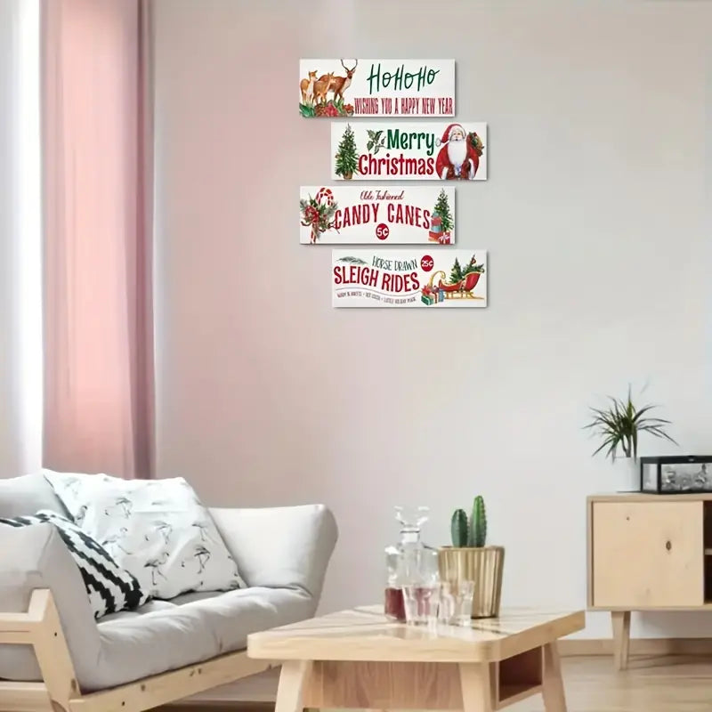 Set 4 Vintage Style Christmas Wooden Signs Each is 3.5" x 12"