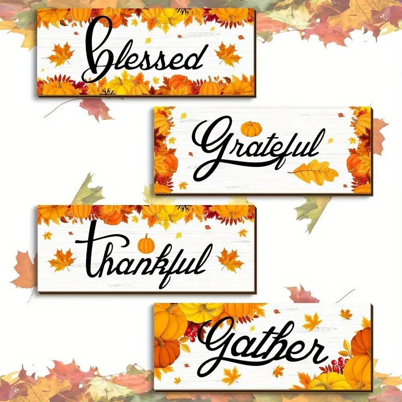 Set 4 Wooden Sign Fall Thanksgiving Each is 10" x 4"