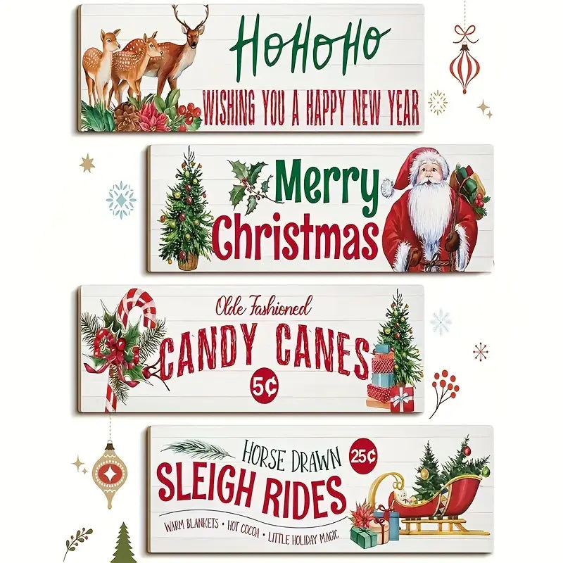 Set 4 Vintage Style Christmas Wooden Signs Each is 3.5" x 12"