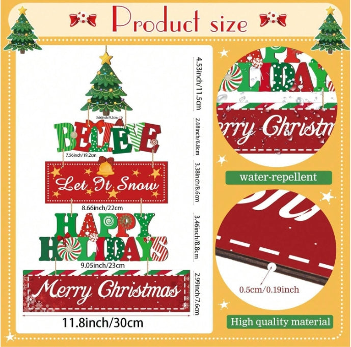 Christmas Hanging 5 Piece Wooden Door Sign, Let It Snow Believe