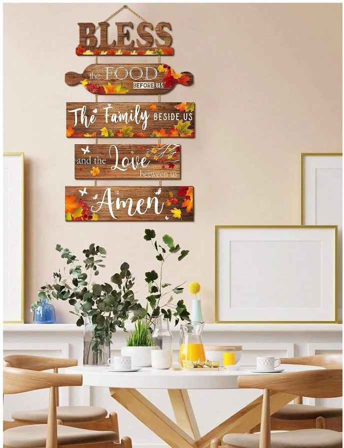 5 Piece Wooden Hanging Fall Thanksgiving Signs Autumn Leaves