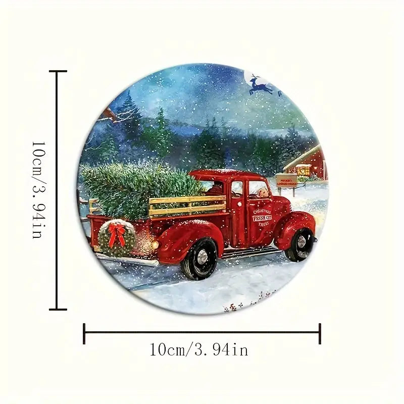 Christmas Winter Farmhouse Truck Themed Wood Coaster Set 8 Assorted Scenes