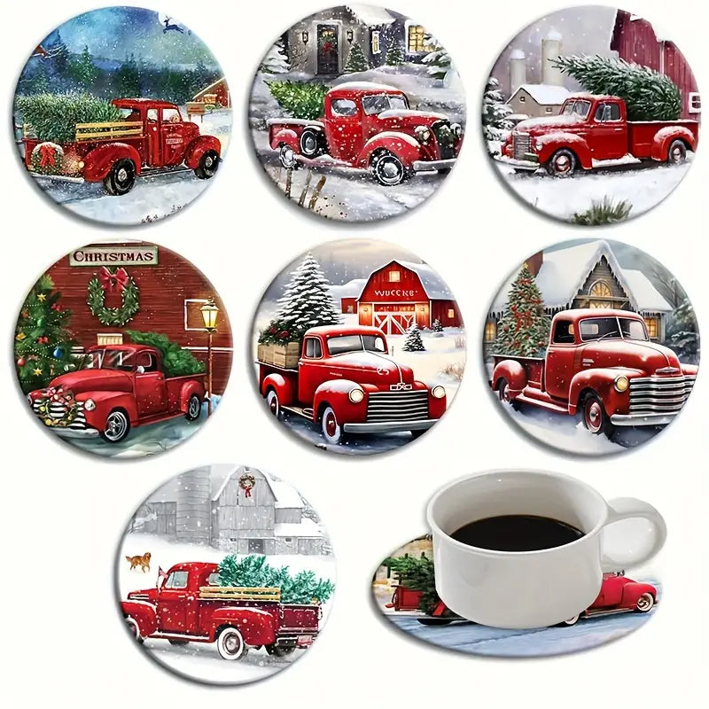 Christmas Winter Farmhouse Truck Themed Wood Coaster Set 8 Assorted Scenes