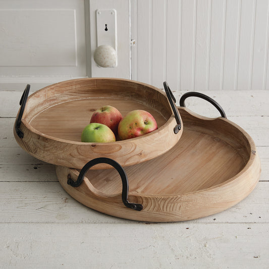 Wooden Abrams Industrial Serving Trays w Metal Handles Round Set 2 Asst Sizes