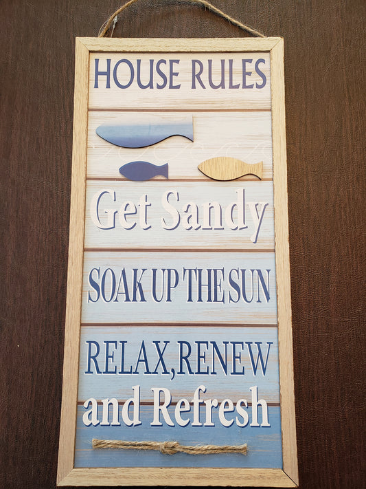 Shore Living Coastal Hanging Sign Beach House Rules 16" by 8" 3D Fish
