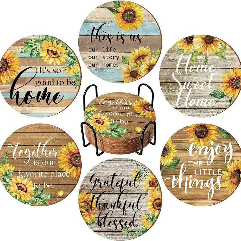 Farmhouse Set 6 Wood Coaster Heat Insulation Mat with Holder