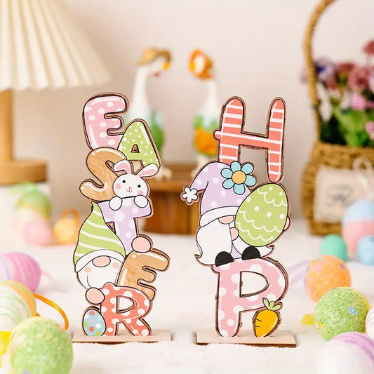Easter Wooden Tabletop Signs, Easter Bunny & Gnome Free Standing