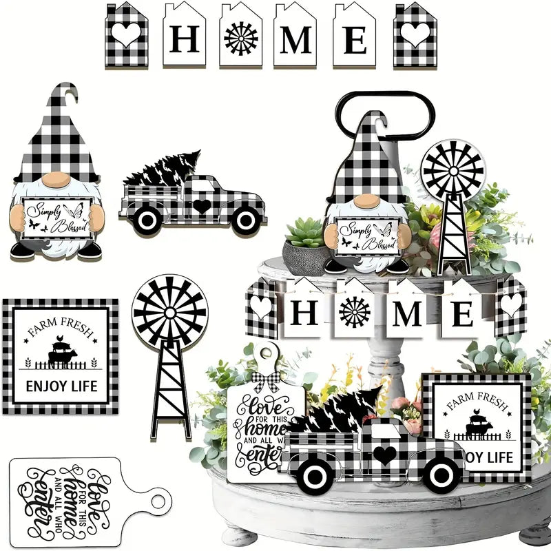 Farmhouse Tabletop Tiered Tray Decor Gnome Simply Blessed Buffalo Print Truck