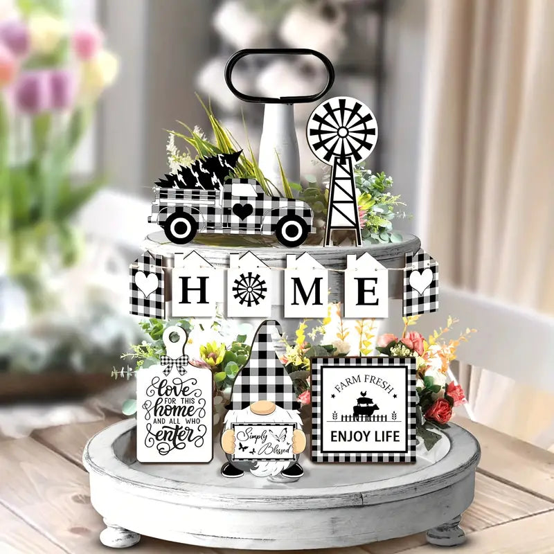 Farmhouse Tabletop Tiered Tray Decor Gnome Simply Blessed Buffalo Print Truck