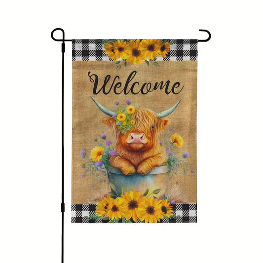 Farmhouse Summer Welcome Hyland Cow, Sunflowers, Bees and Buffalo Print Garden Flag