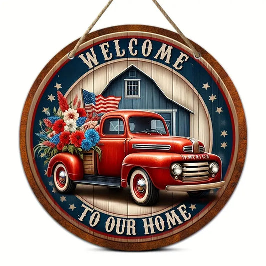 Patriotic Farmhouse Welcome To Our Home Wood Hanging Sign Red White Blue