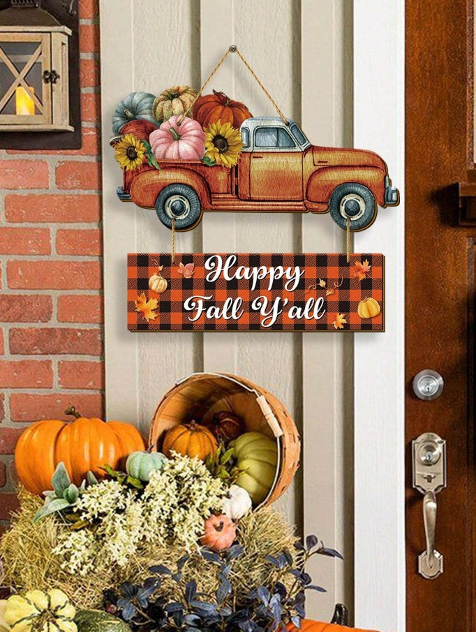 Autumn Farmhouse Hanging Wooden Sign, Happy Fall Y'all