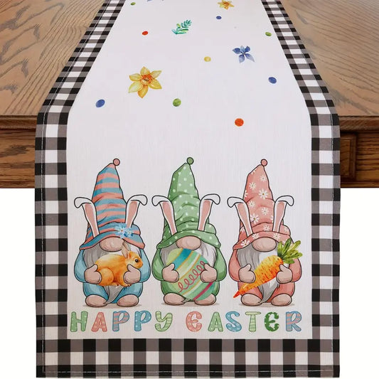 Farmhouse Buffalo Print Gnomes Table Runner, Happy Easter