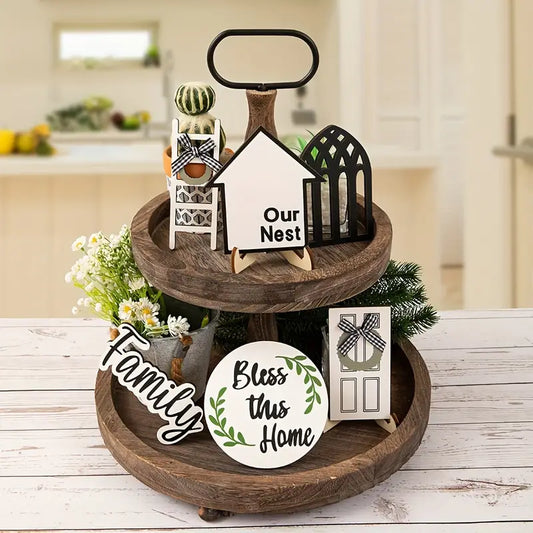 Farm House Wooden Table Top Tiered Tray Decor