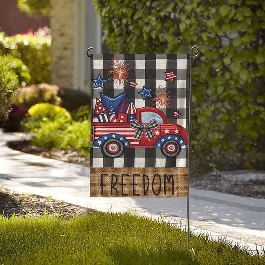 Farmhouse Patriotic Garden Flag Buffalo Print Red Truck, Red, White and Blue Fireworks