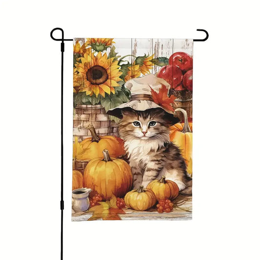 Adorable Fall Autumn Lawn Garden Flag Kitten & Pumpkins 12 x 18