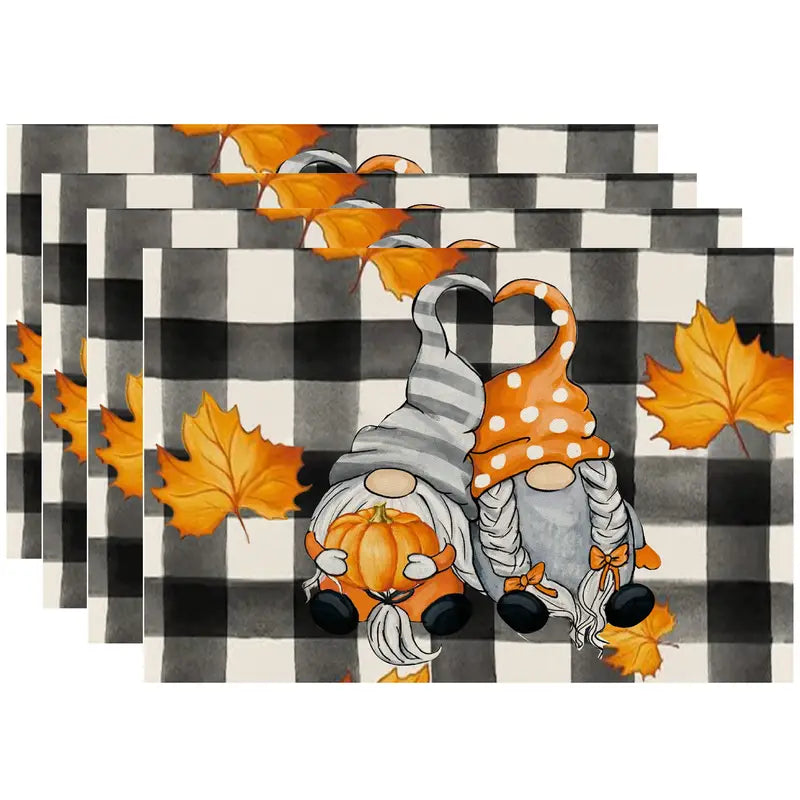 Farmhouse Fall Thanksgiving Buffalo Print Gnomes Placemats Set 4