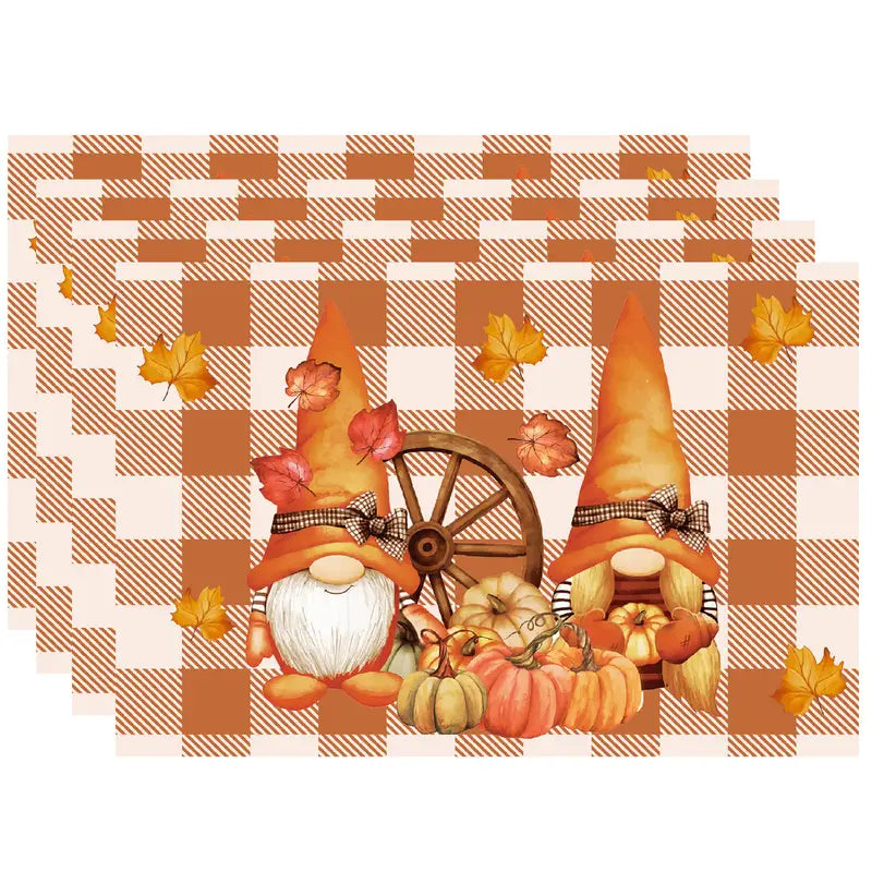 Farmhouse Fall Thanksgiving Set 4 Placemats Gnomes, Wagon Wheel, Pumpkins