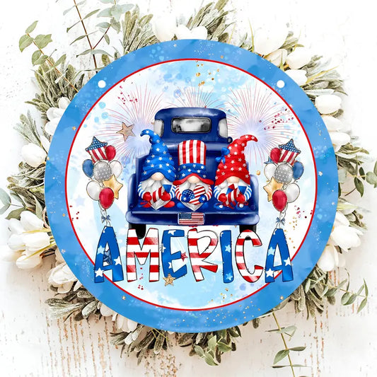 Patriotic Hanging Sign Red White Blue Gnomes & Blue Farm Truck