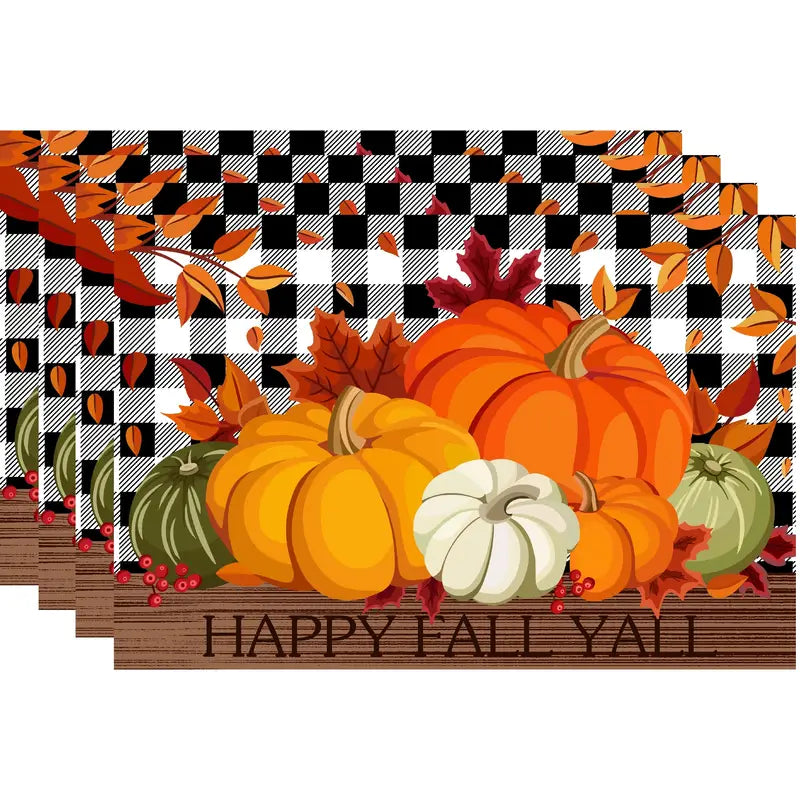 Farmhouse Happy Fall YALL Set 4 Placemats Buffalo Print & Pumkins