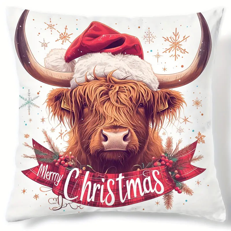 Christmas Highland Cow Pillow Throw Cover Merry Christmas 18 x 18