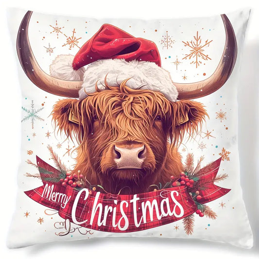 Christmas Highland Cow Pillow Throw Cover Merry Christmas 18 x 18