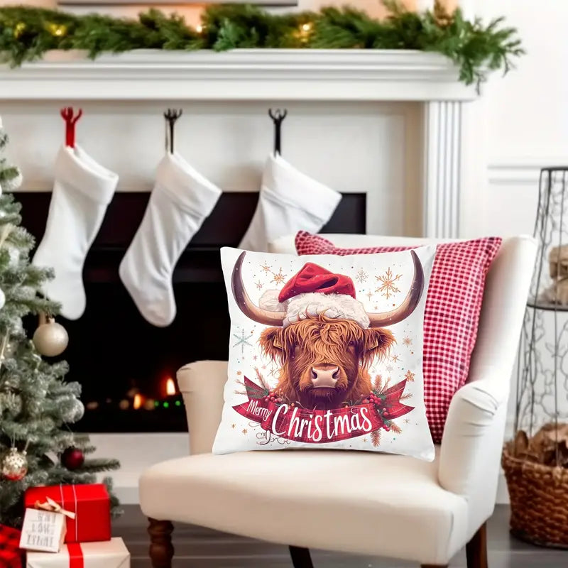 Christmas Highland Cow Pillow Throw Cover Merry Christmas 18 x 18