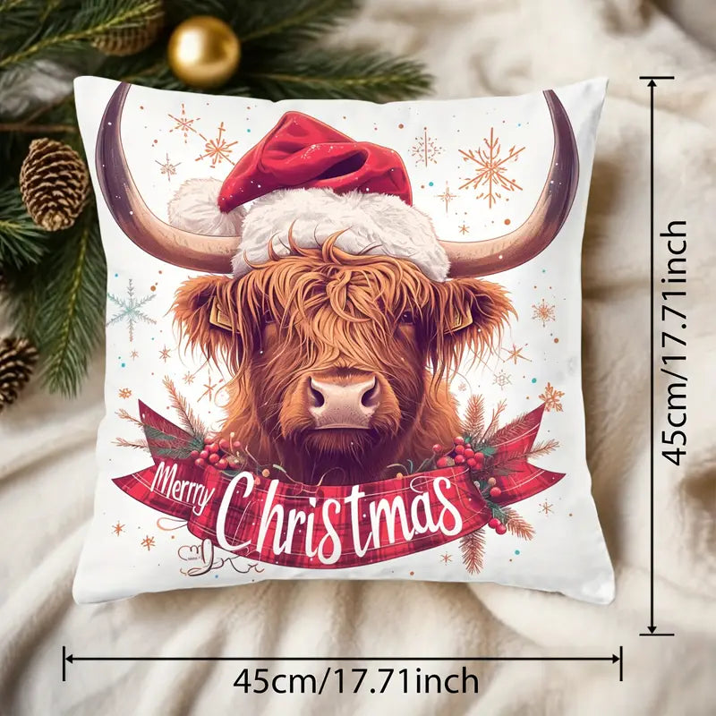 Christmas Highland Cow Pillow Throw Cover Merry Christmas 18 x 18