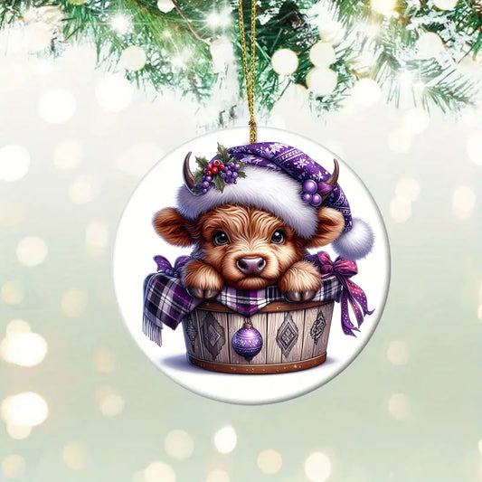 Baby Highland Cow In Bucket Ceramic Christmas Ornament