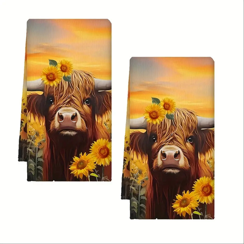 Set 2 Highland Cows Kitchen Towels Soft & Absorbent