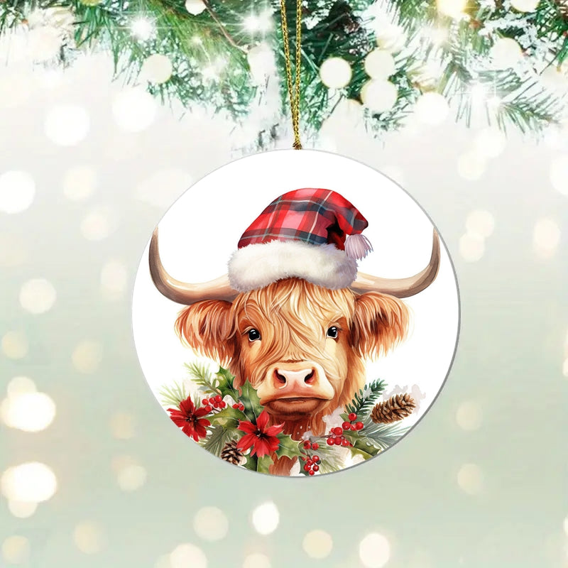 Highland Cow With Christmas Hat Ceramic Christmas Ornament