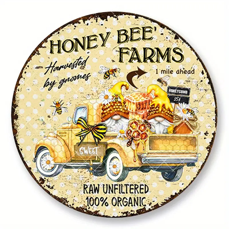 Vintage Style Honey Bee Farms Metal Sign Gnomes and Farm Truck