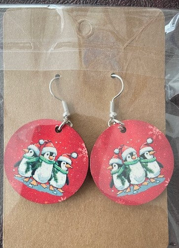 Christmas Winter Round Penguin Earrings Sterling Silver Hooks Wood Earring