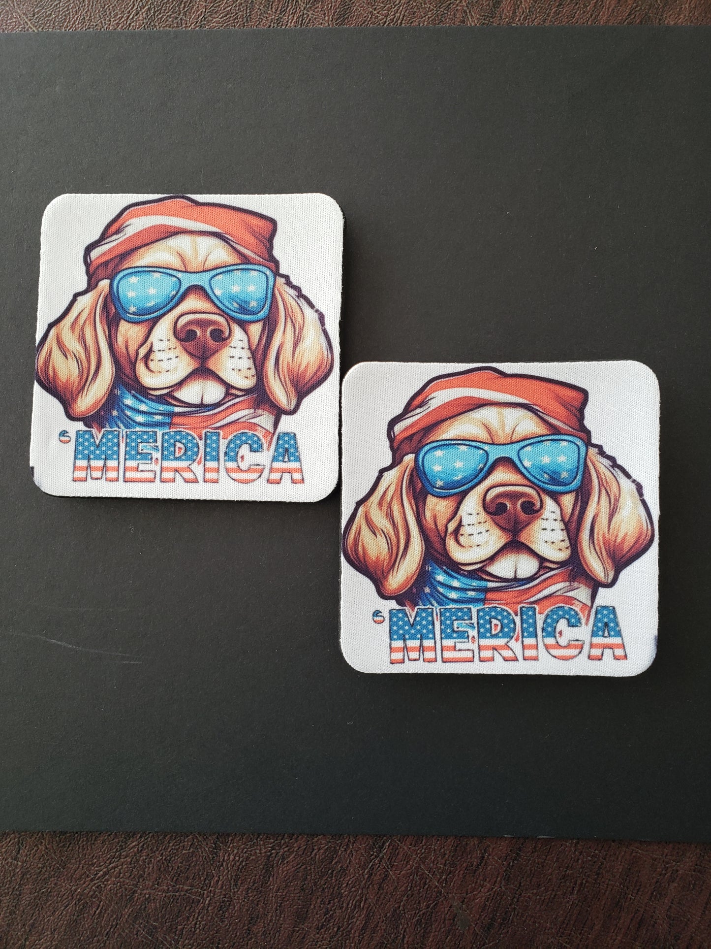 Patriotic Dog Coasters, set of 4, absorbent neoprene 4th of July Memorial Day