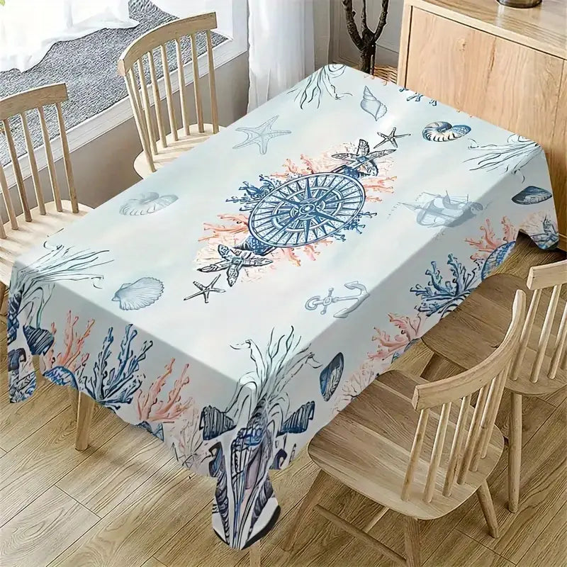 Rectangle Nautical Tablecloth Waterproof Stain Proof Coral Starfish Coastal