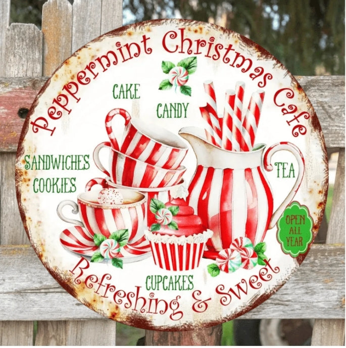 Vintage Style Peppermint Christmas Cafe Metal Hanging Sign 8" Round