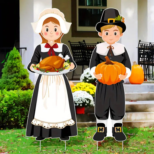 Large Thanksgiving Fall Lawn Signs Pilgram Girl & Boy