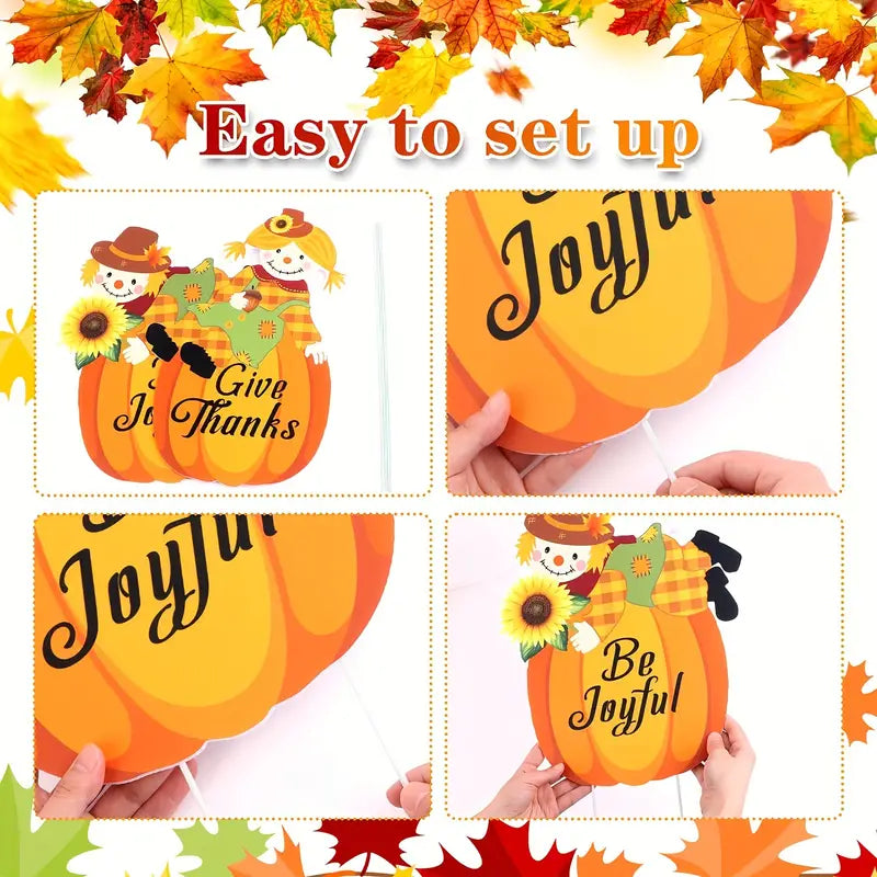 Set Two Thanksgiving Fall Pumpkins Scarecrows with Stakes