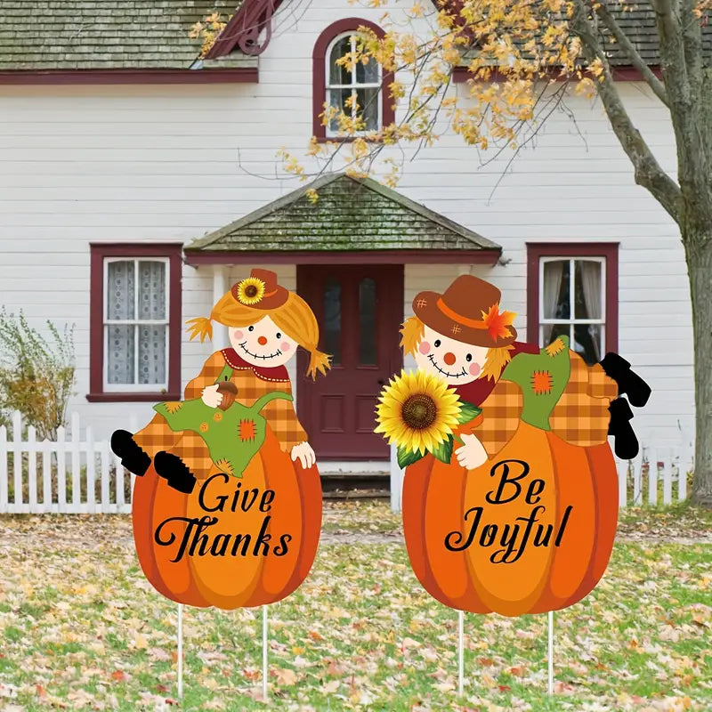 Set Two Thanksgiving Fall Pumpkins Scarecrows with Stakes