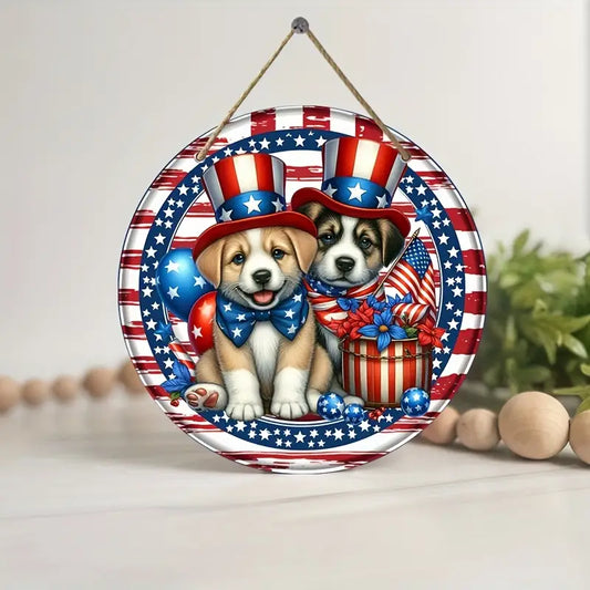 Patriotic Adorable Puppies Red White Blue Hanging Sign
