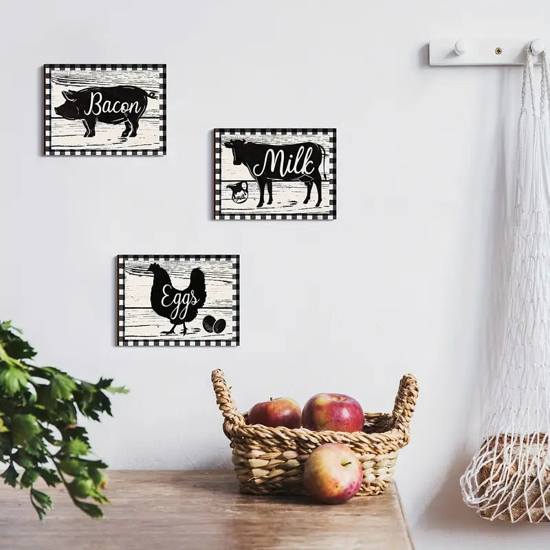 3 Pieces Farmhouse Rustic Signs Cow Rooster and Pig Decors 7.9 X 5.9 Inch