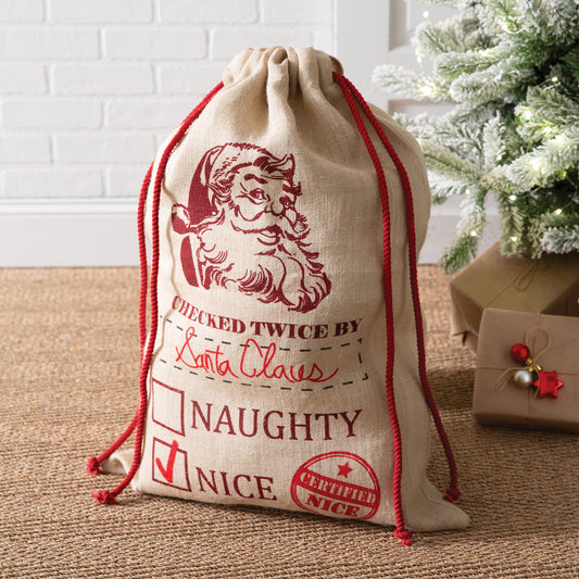 Large Santa Burlap Toy / Gift Sacks "Checked Twice Naughty Nice"